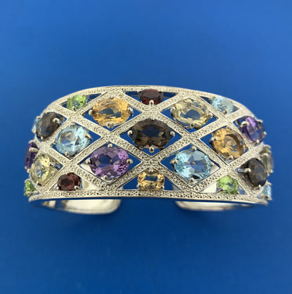 Designer Sterling Silver Multicolor Oval Quartz Statement Hinged Cuff Bracelet