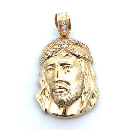 Designer 10K Yellow Gold Cubic Zirconia CZ Statement Christ's Head Pendant