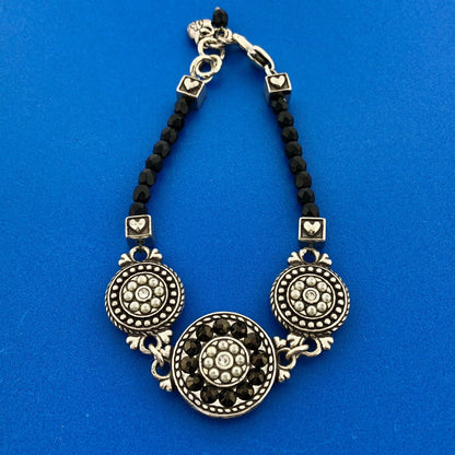 Designer Brighton Silver Toned Black White Rhinestone Floral 8" Bracelet