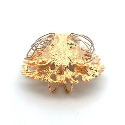 Gorgeous 14k Yellow Gold Emerald Diamond Lion Head Jungle Door Knocker Pendant