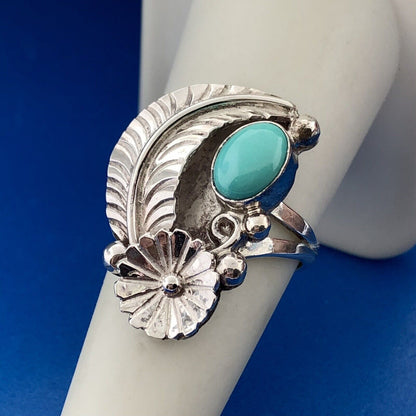 Native American Artisan Signed DG 925 Sterling Silver Turquoise Feather Ring