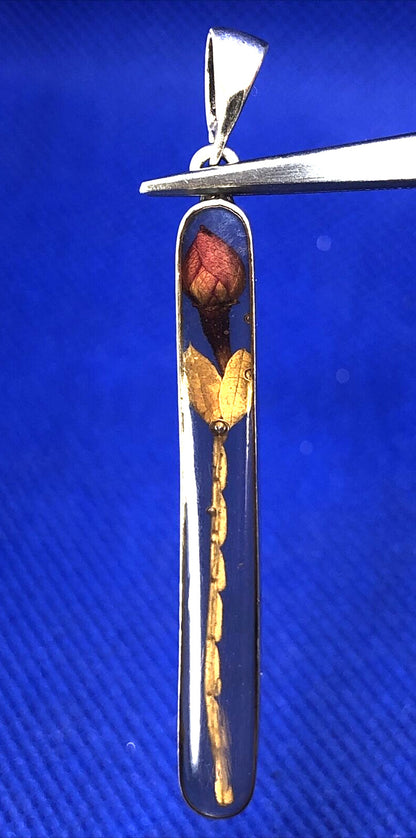 Designer ATI 925 Sterling Silver Rose Bud Flower In Resin Long Oval Pendant