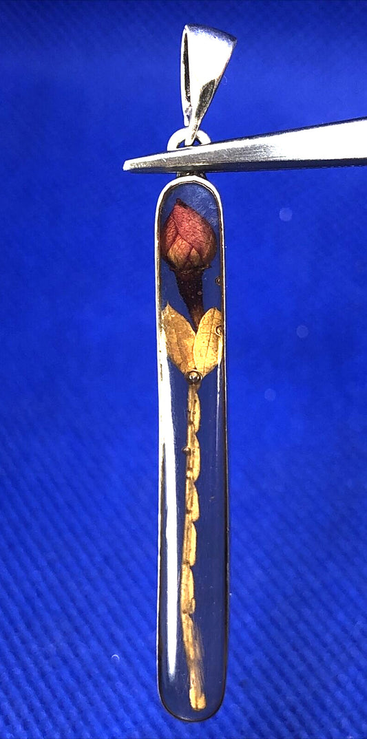 Designer ATI 925 Sterling Silver Rose Bud Flower In Resin Long Oval Pendant