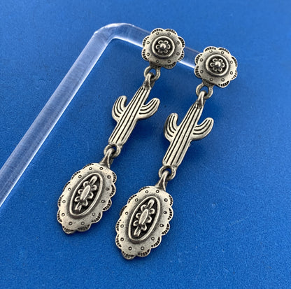 1970 s Jonette JJ Pewter Cactus Concho Soutwestern Statement Dangle Earrings