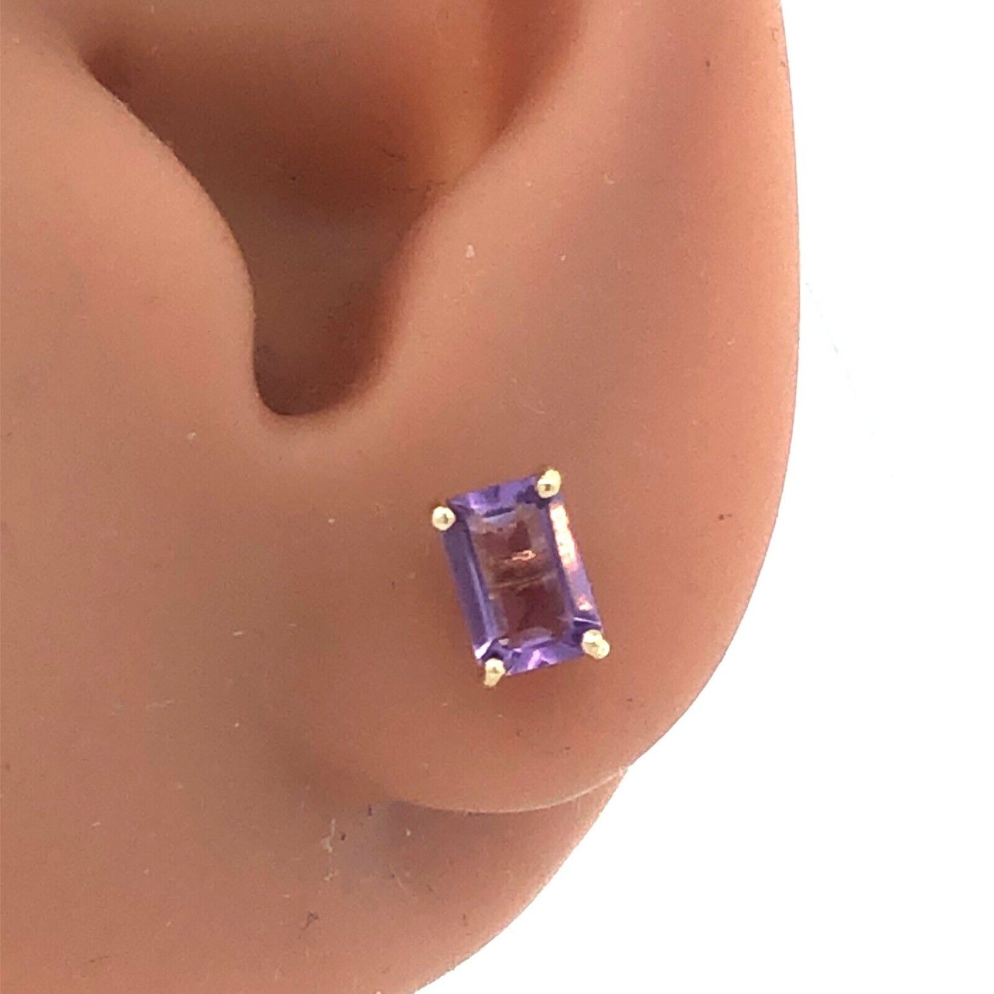 14K Yellow Gold Emerald Cut Purple Amethyst Solitaire Stud Earrings