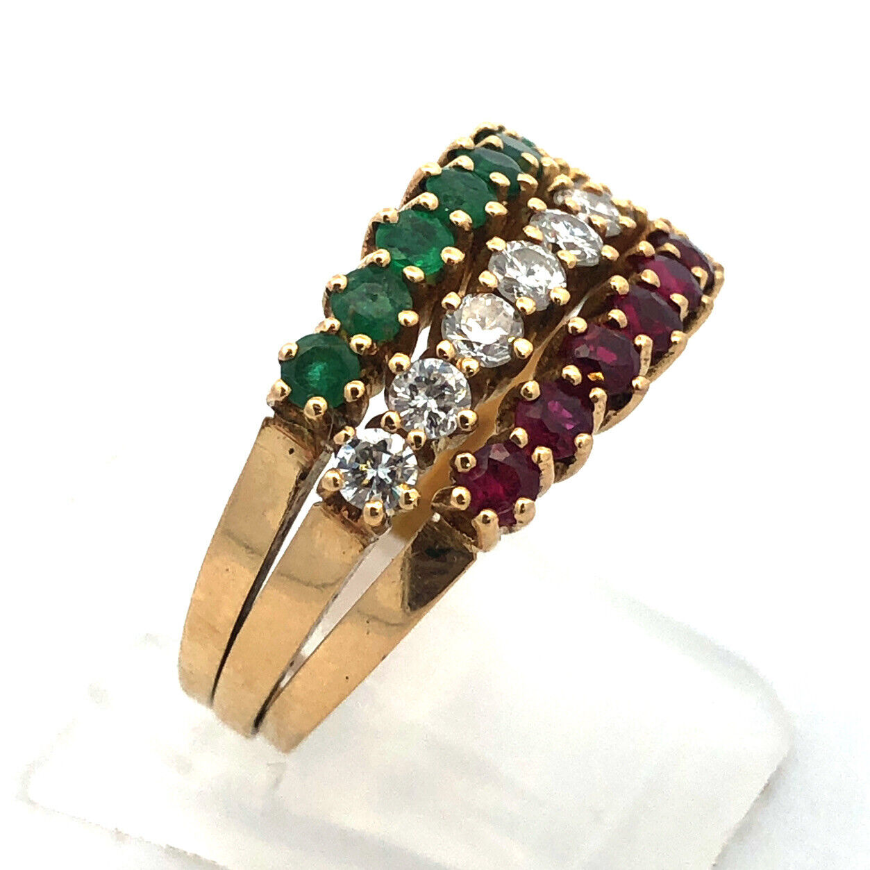 18K Yellow Gold Ruby Emerald Diamond Three Band Anniversary Cocktail Ring