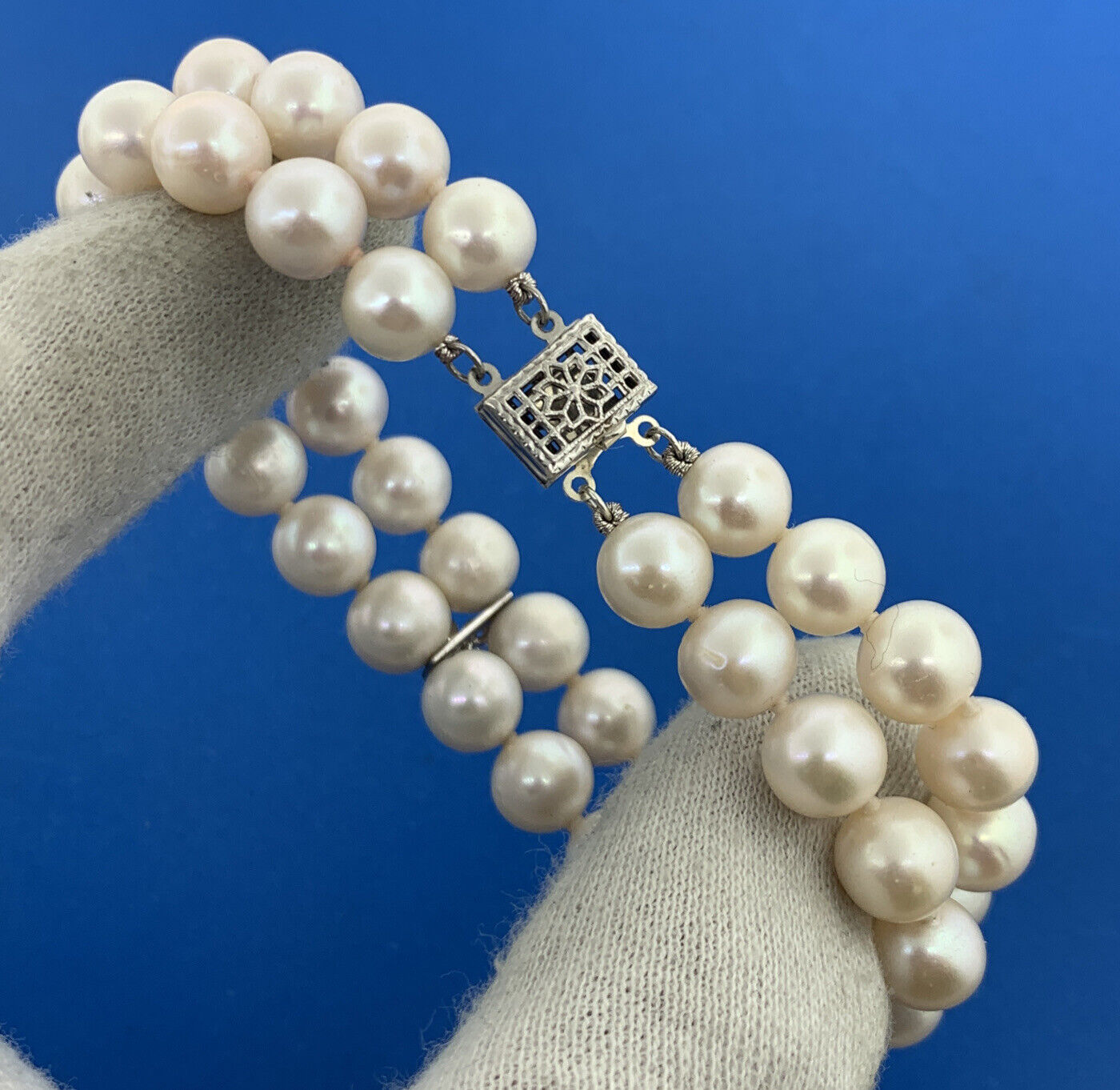 Sterling Silver 925 Pearl White Topaz Accented Double Strand Bracelet