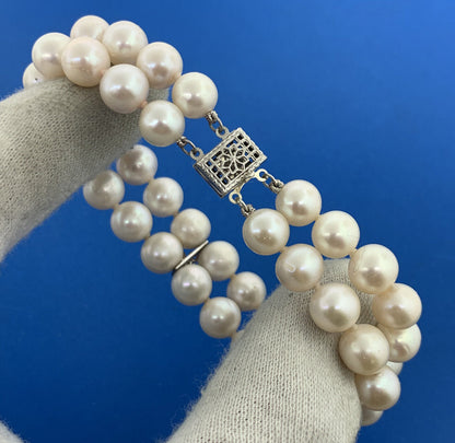 Sterling Silver 925 Pearl White Topaz Accented Double Strand Bracelet