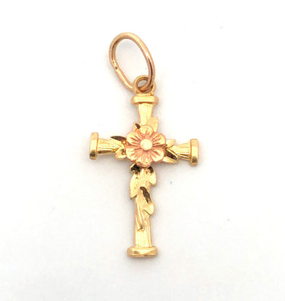 Designer 14K Yellow Gold Rose Gold Flower Leaf Floral Religious Cross Pendant