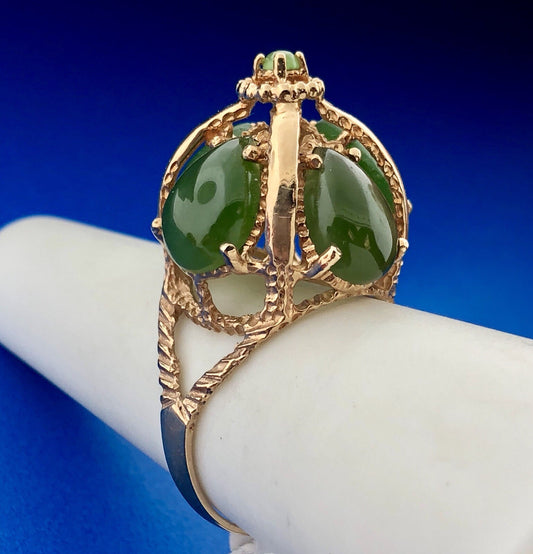 Vintage 10k Yellow Gold Dome Pear Shaped and Round Jade Ring Size 6.75