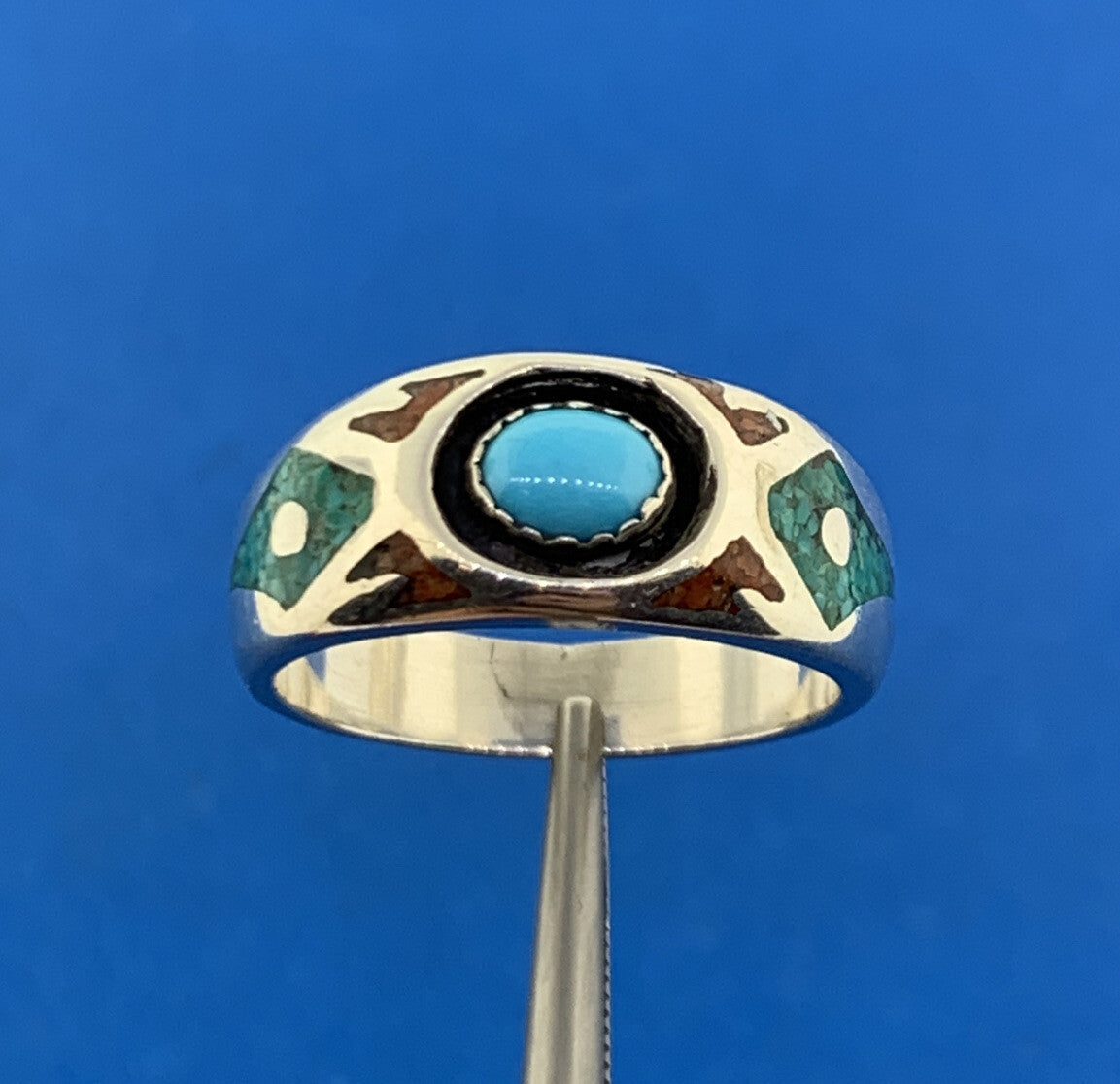 Native American T.J.W. Sterling Silver 925 Turquoise Coral Inlay Band Ring