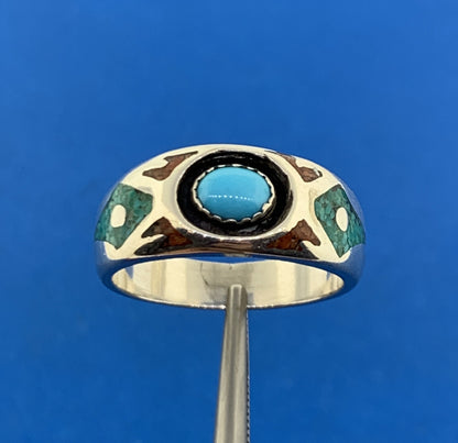Native American T.J.W. Sterling Silver 925 Turquoise Coral Inlay Band Ring