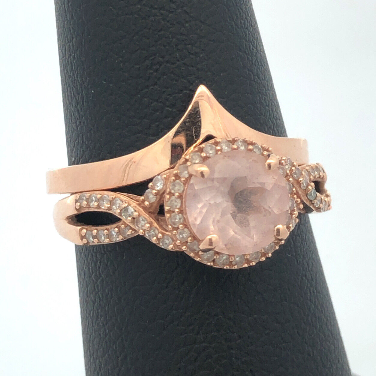 Designer 10K 14K Rose Gold Round Morganite Diamond Halo Engagement Ring Band Set