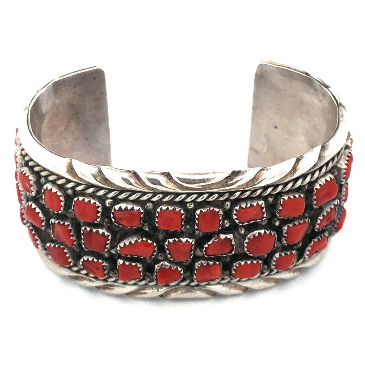 Melvin Chee Navajo 925 Sterling Silver Red Coral Statement Open Cuff Bracelet