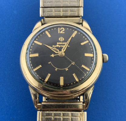 Mid Century Zodiac 10K Gold Filled Autographic Mens Flex Band Wrist Watch Runs