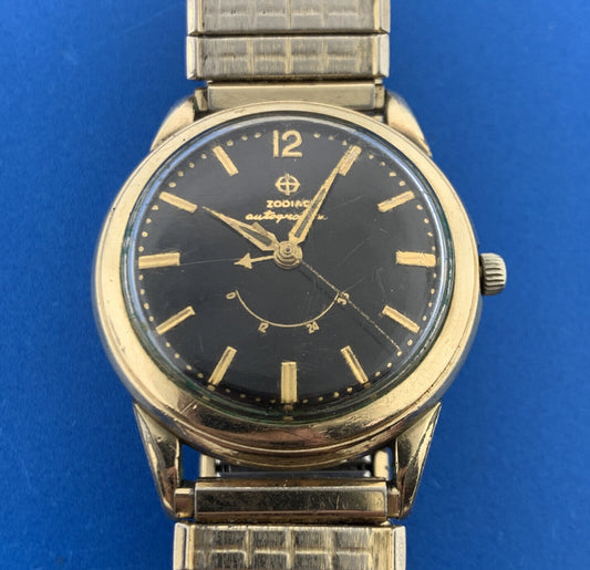 Mid Century Zodiac 10K Gold Filled Autographic Mens Flex Band Wrist Watch Runs