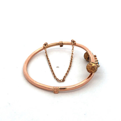 Vintage 10K Rose Gold Turquoise Pearl Textured Bypass Hinged Bangle Bracelet