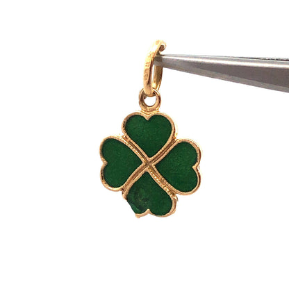 Designer 18K Yellow Gold Green Enamel 4 Leaf Clover Good Luck Charm Pendant