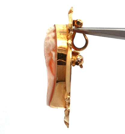 Designer 14K Yellow Gold Carved Cameo Pin Brooch Pendant