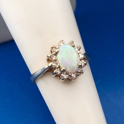 Estate 14K Yellow Gold Oval Opal Diamond Halo October Anniversary Cocktail Ring