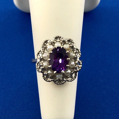Estate 14K White Gold Amethyst Pearl Halo February Anniversary Sweetheart Ring