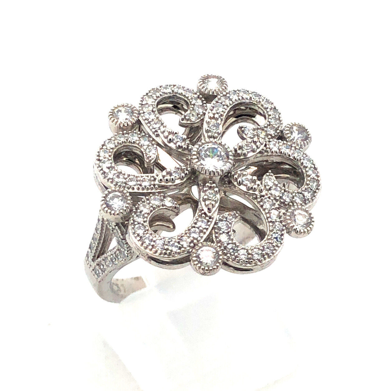 925 Sterling Silver Round Cubic Zirconia CZ Flower Swirl Cocktail Ring