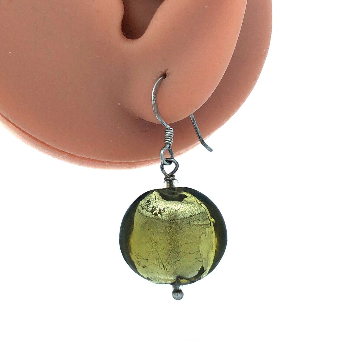 Estate 925 Sterling Silver Round Lime Green Dichroic Glass Hook Dangle Earrings