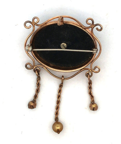 Antique Gold 12K Gold Filled Blace Onyx Rhinestone Brooch Earrings 3 Pc Set