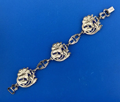 Vintage Art Deco Sterling Silver 925 7.5" Womens Floral Link Bracelet