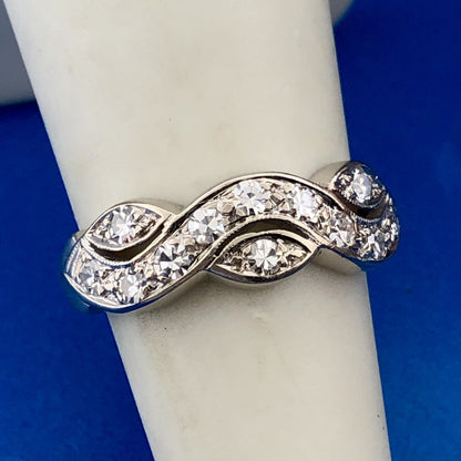 Mid Century 14K White Gold Diamond Modernist Entwined Wave Wedding Band Ring