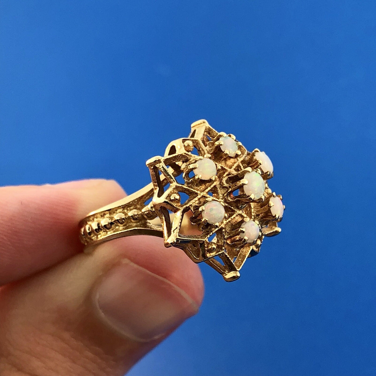 Art Nouveau 14K Yellow Gold Opal Star Flower Cluster October Etruscan Style Ring