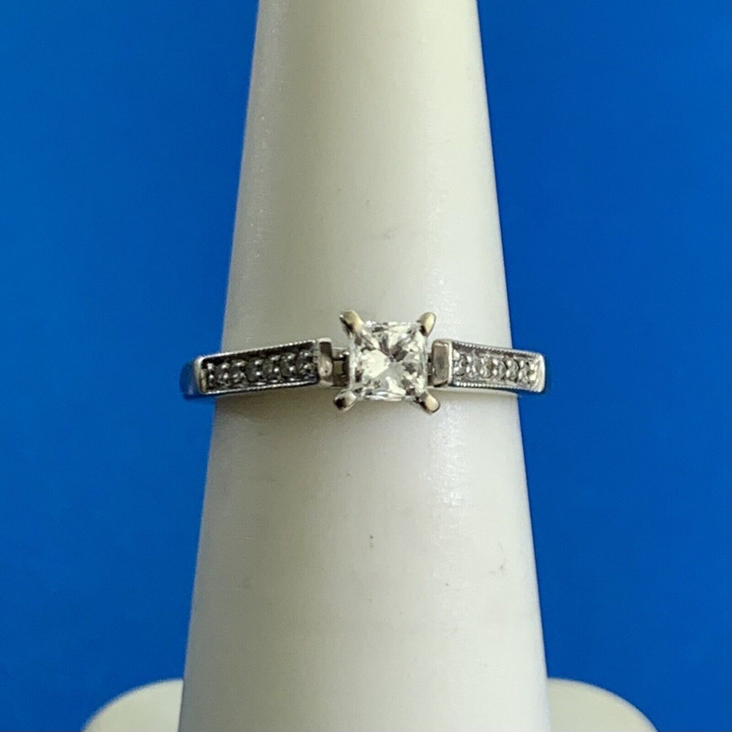 10K White Gold GSI Graded Princess Diamond Accented Engagement Ring