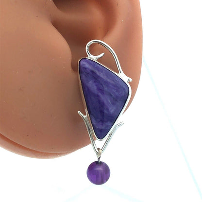 Vintage 925 Sterling Silver Triangle Charoite Amethyst Statement Stud Earrings
