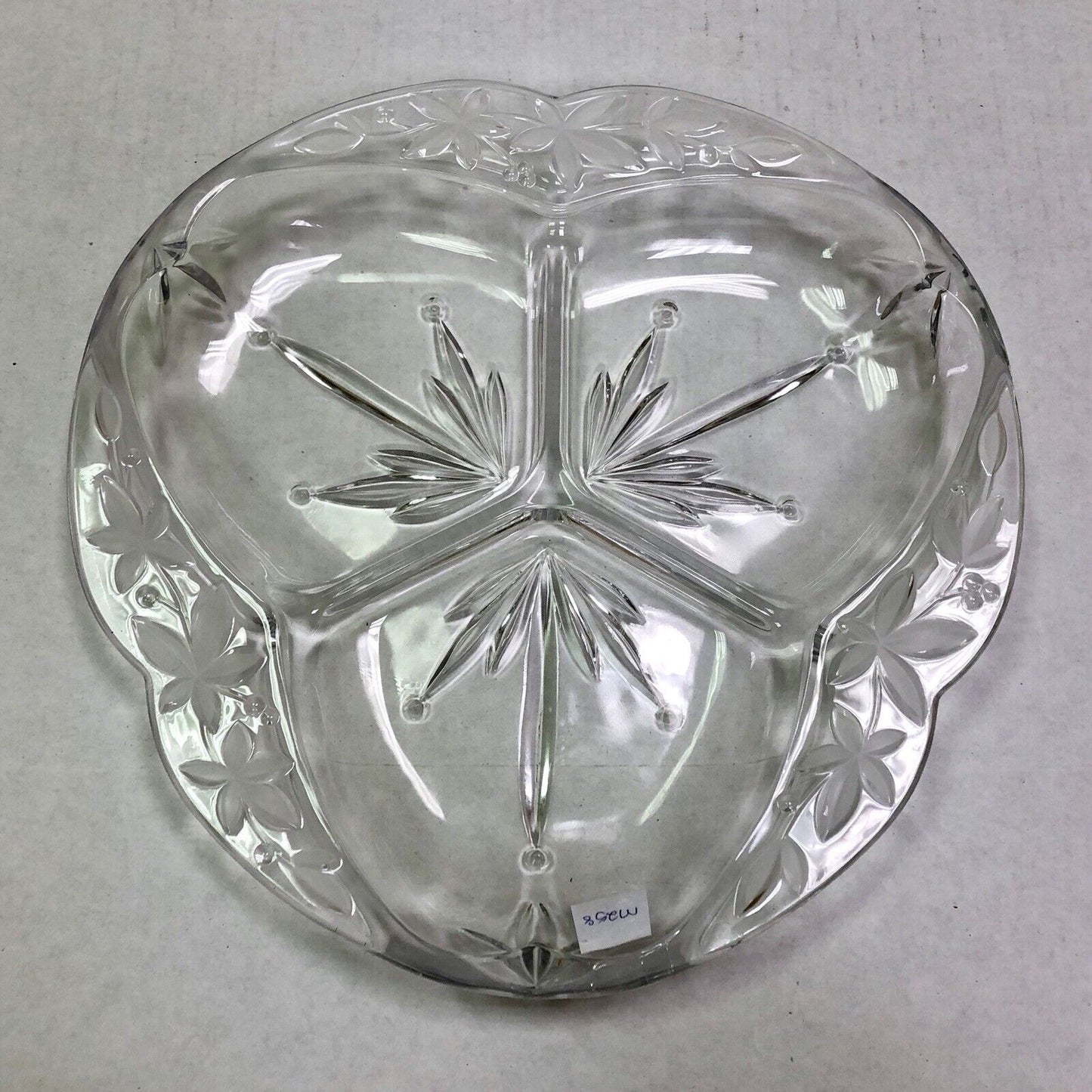 Vintage Quality Three Divided Frosted Etched Floral Scroll Relish Serving Dish