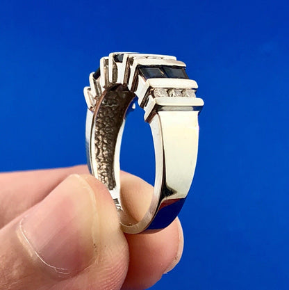 Retro Designer 14K White Gold Diamond Sapphire Channel Set Tapered Band Ring