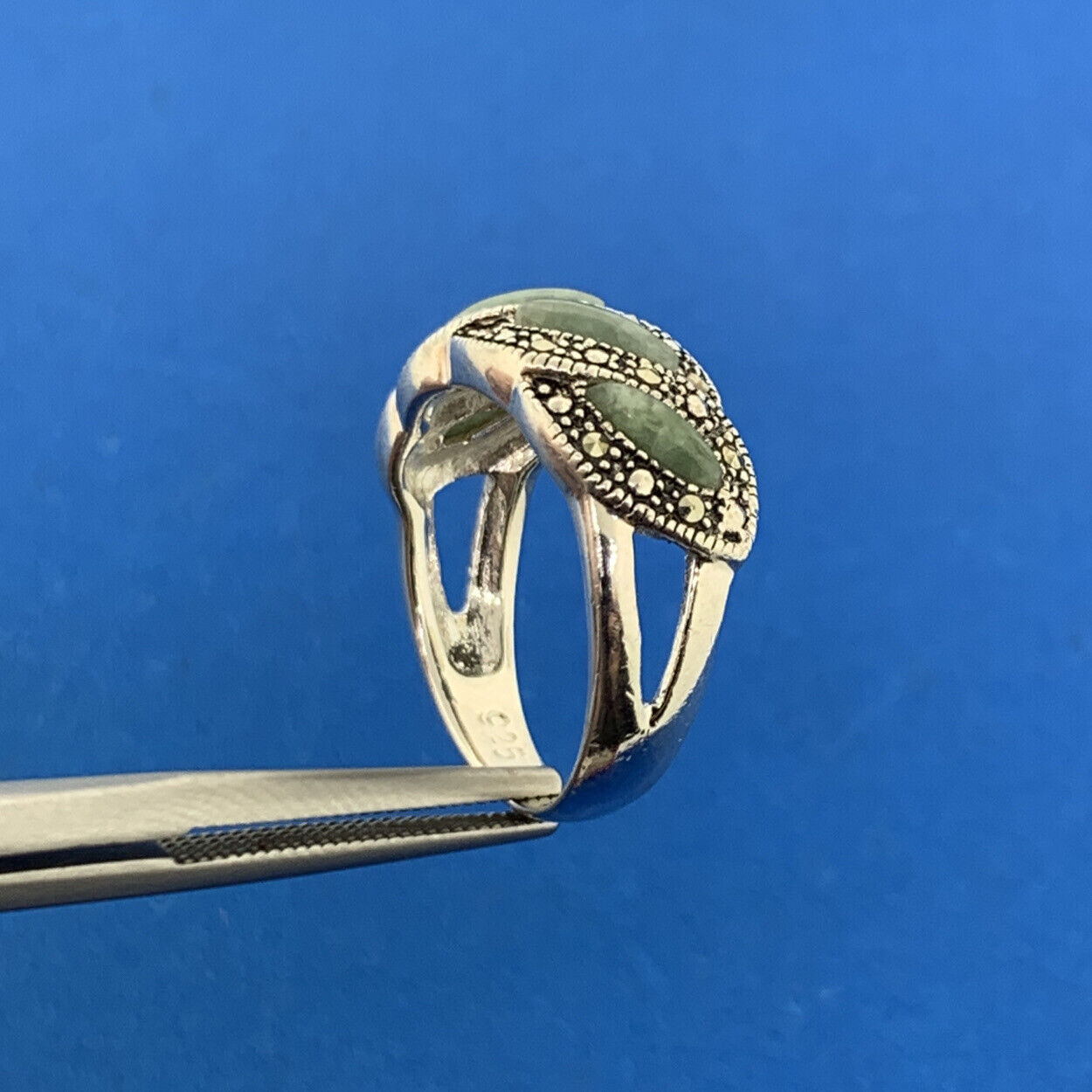 Designer NV 925 Sterling Silver Jade Marcasite Accented Cocktail Ring