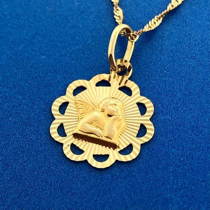 Designer Milor Italy 14K Yellow Gold Guardian Angel Sunburst Disc Necklace