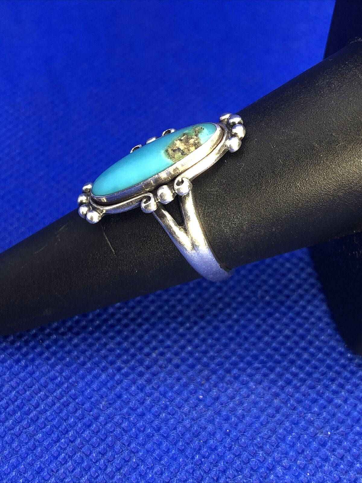 Native American Signed 925 Sterling Silver Oval Turquoise Ring