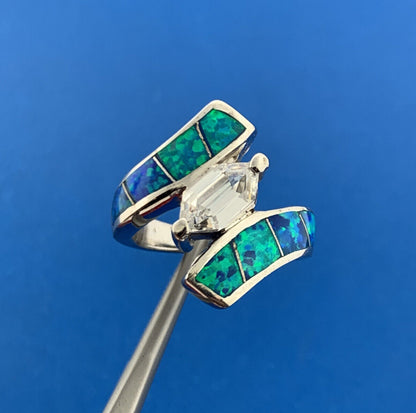 Designer 925 Sterling Silver Cubic Zirconia Opal Doublet Statement Bypass Ring