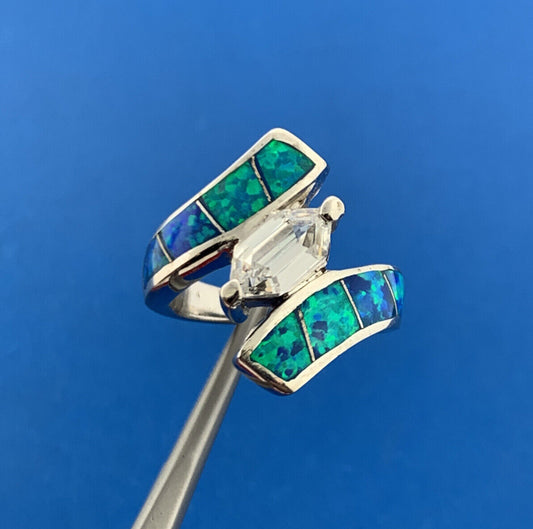 Designer 925 Sterling Silver Cubic Zirconia Opal Doublet Statement Bypass Ring