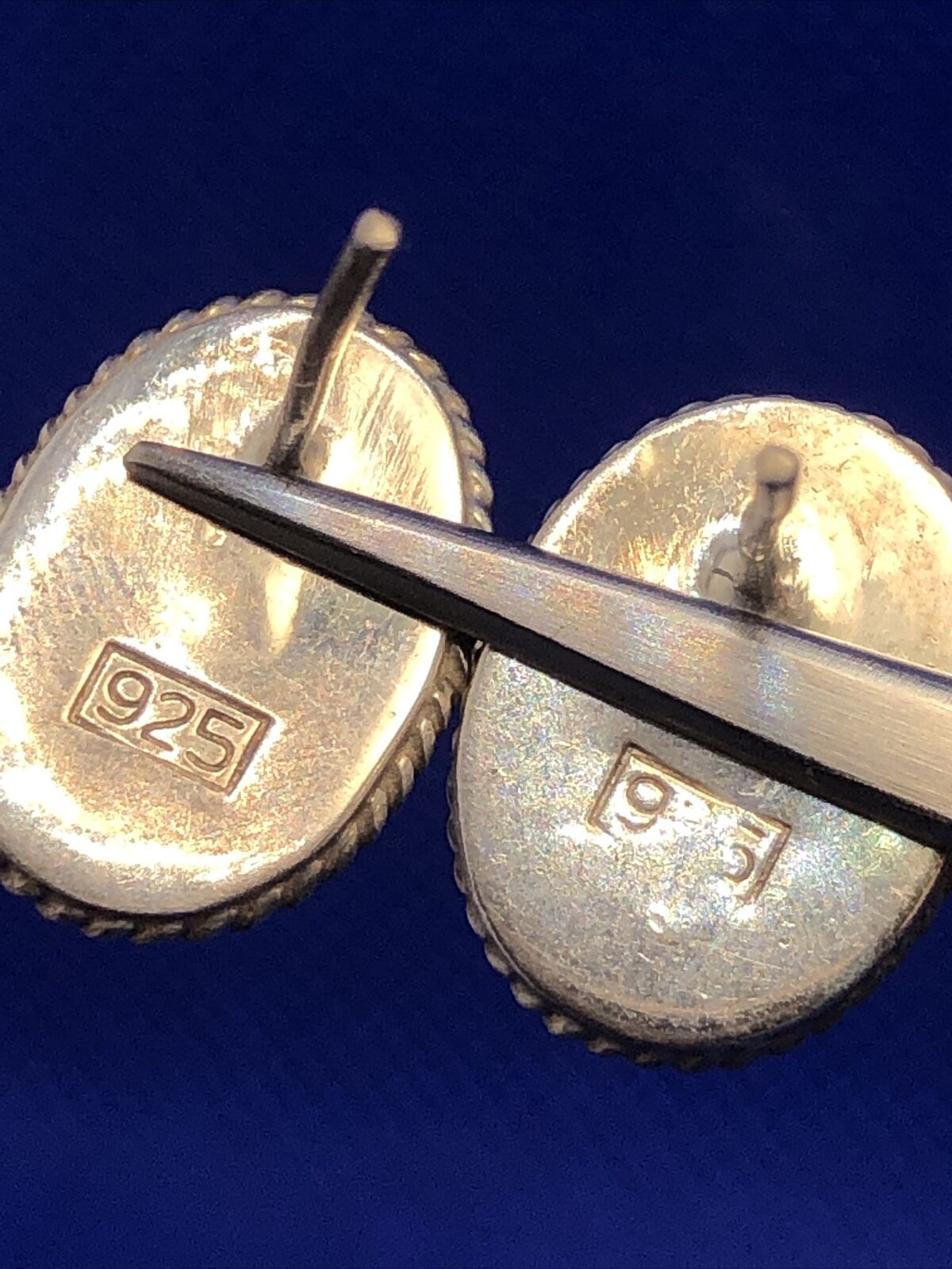 Vintage 925 Sterling Silver Blue Larimar Oval Statement Stud Earrings