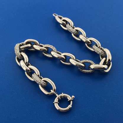 Designer Sterling Silver 925 Heavy Link Cubic Zirconia CZ Statement Bracelet