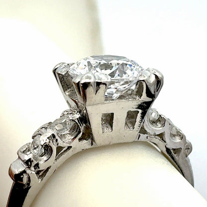 Vintage Platinum Round Cubic Zirconia CZ Solitaire W/Accent Engagement Ring