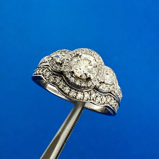 Designer 14K White Gold Solitaire Halo Accent Diamond 2 Ring Bridal Set