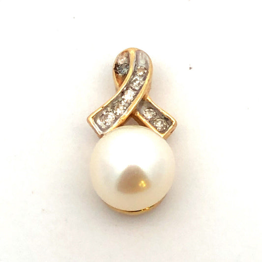 Designer ADL 10K Yellow Gold Round White Pearl Diamond Accent Pendant