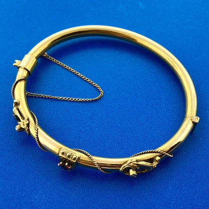 Art Nouveau Art Deco 14K Yellow Gold Garnet Seed Pearl Etruscan Bangle Bracelet