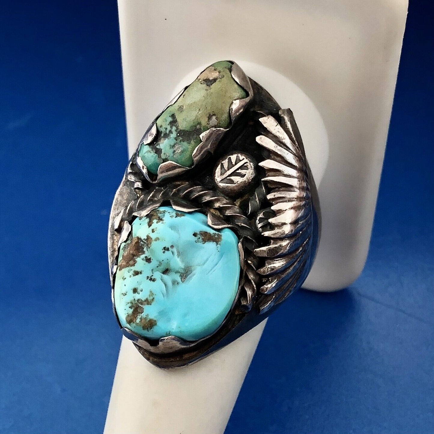 Navajo P Padilla Signed 925 Sterling Silver Chunky Green Blue Turquoise Ring