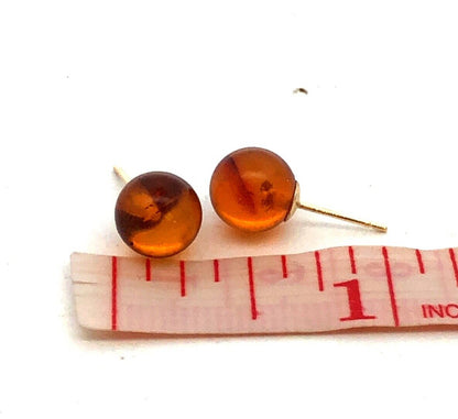 Estate 14K Yellow Gold Round Orange Amber Ball Solitaire Stud Earrings