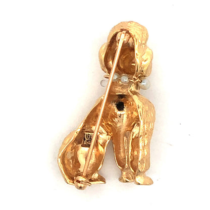 Vintage Designer 14K Yellow Gold Sapphire Seed Pearl Poodle Pin Pendant