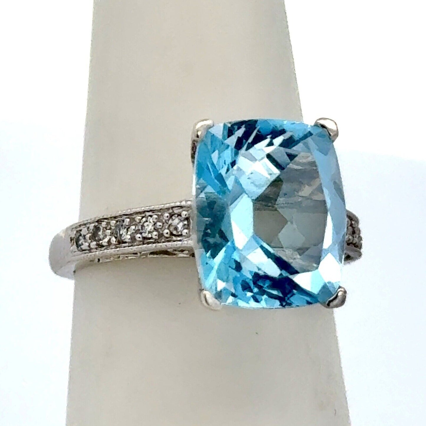 Designer 14K White Gold Radiant Cushion Cut Blue Topaz Diamond Accented Ring